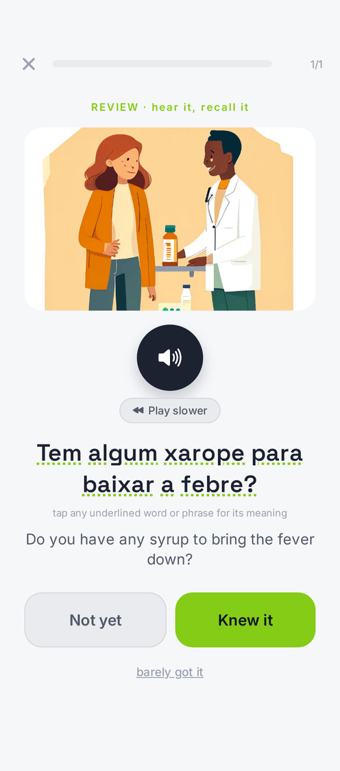A review card in the app: hear the sentence, recall it, see the illustration and translation, then grade yourself