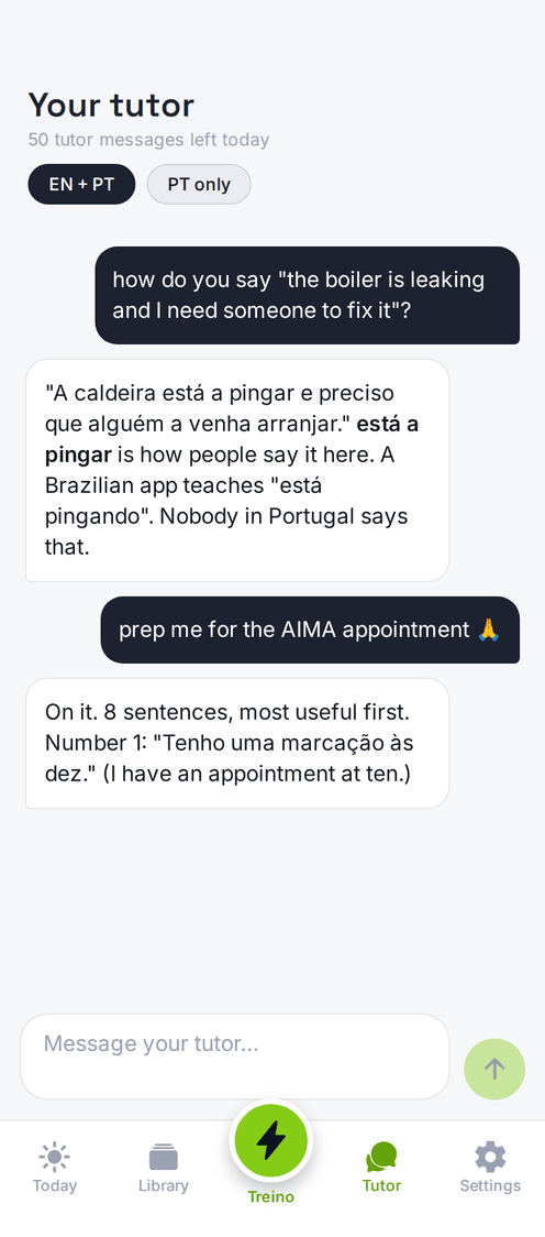 The tutor chat in the app: you ask how to say 'the boiler is leaking' and get the European Portuguese sentence with a dialect note